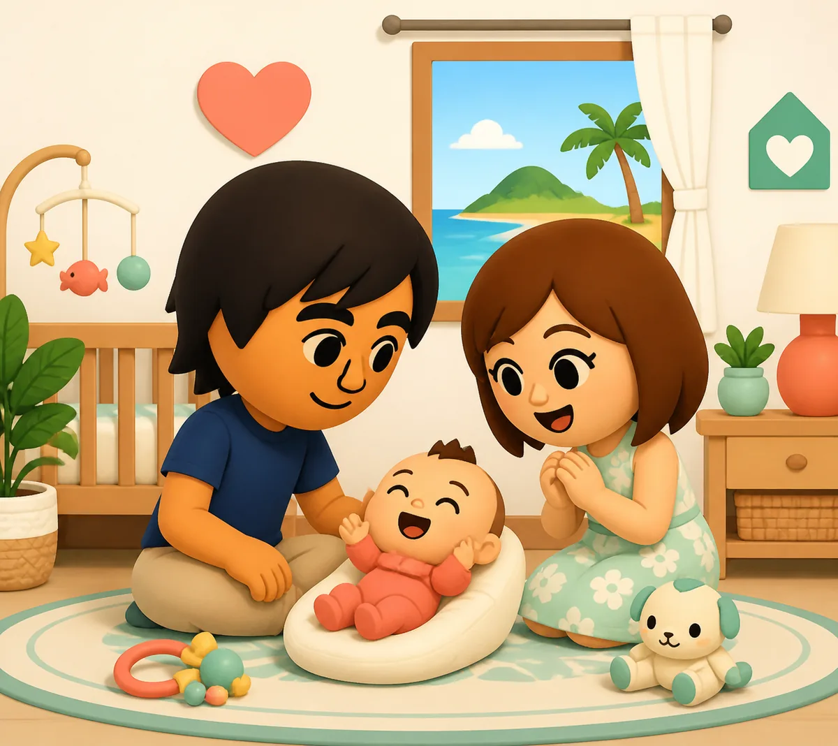 Conceptual editorial illustration of two island residents caring for a baby at home