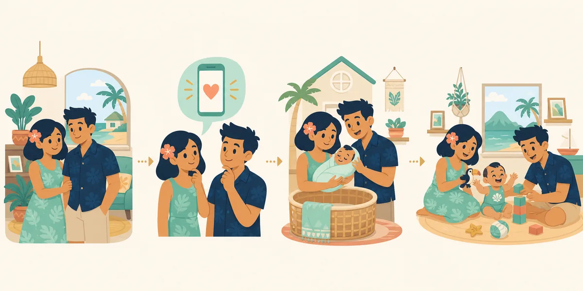 Conceptual four-stage illustration showing a couple, a relationship prompt, a new baby, and family time