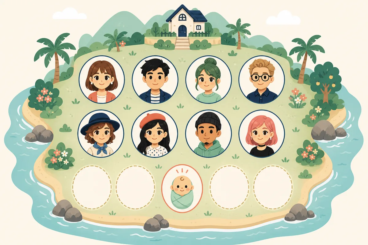 Conceptual island roster illustration showing adult residents, a baby, and open spaces for future family events