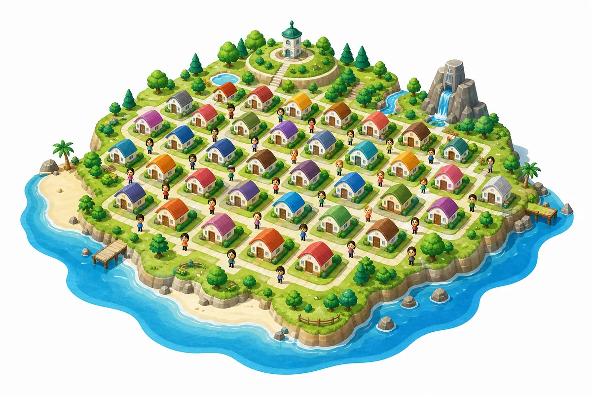 Editorial island illustration showing many resident houses for a Tomodachi Life character limit guide