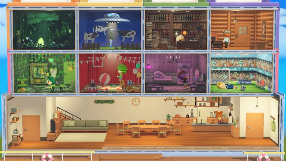 Official Tomodachi Life screenshot showing a large shared house with themed rooms