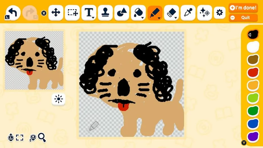 Official Tomodachi Life custom item editor showing a hand-drawn pet design and drawing tools
