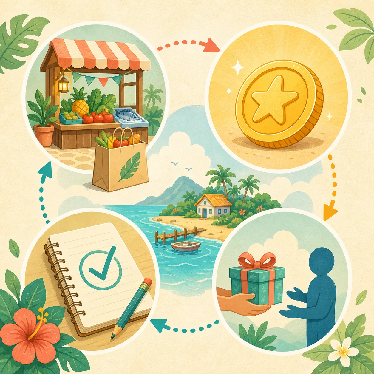 Editorial illustration showing a market stall, coin, gift, and notebook connected in a food testing path