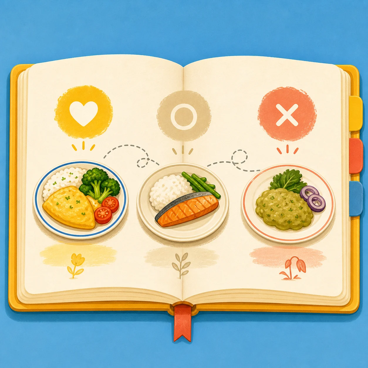 Editorial illustration of a food preference notebook with liked, neutral, and disliked plates
