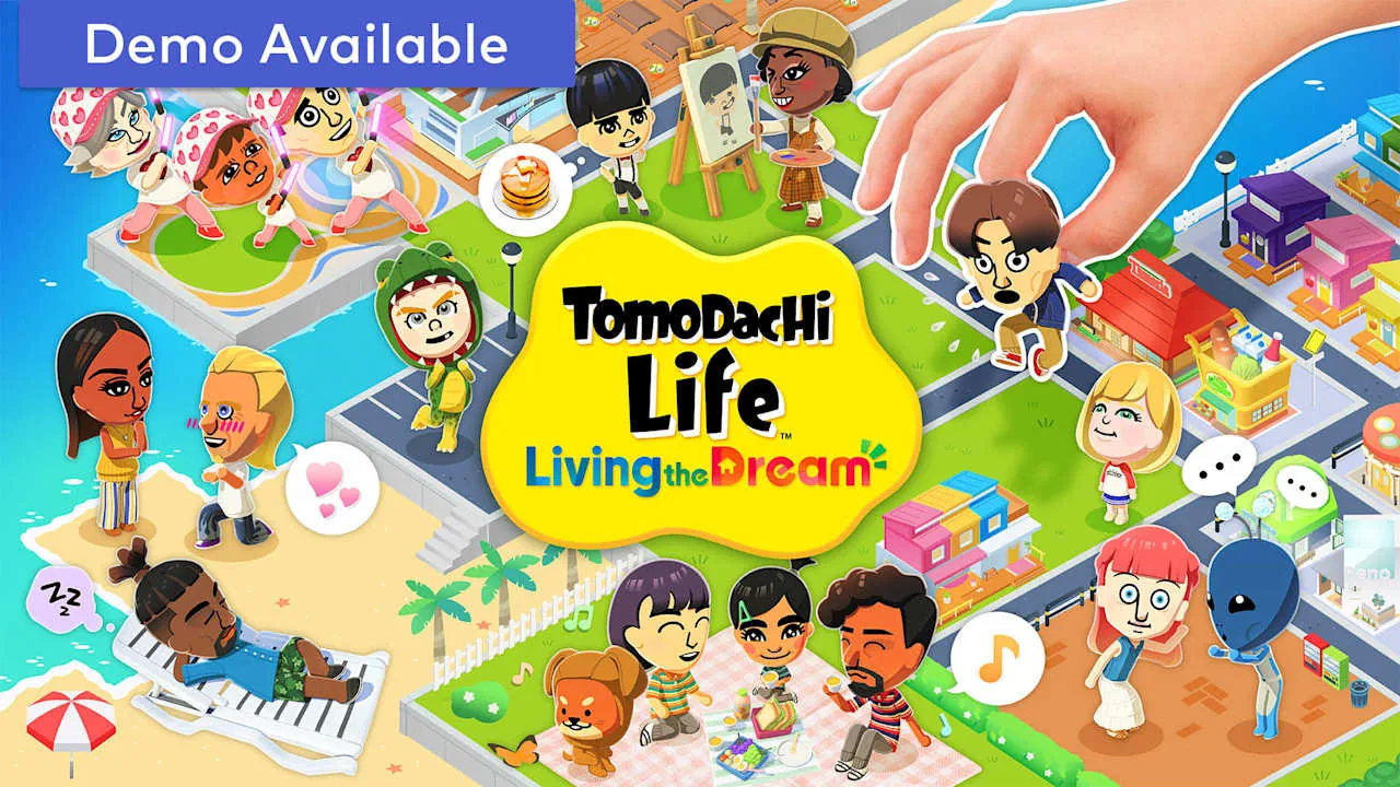 Official Tomodachi Life Living the Dream key art showing Miis and island districts