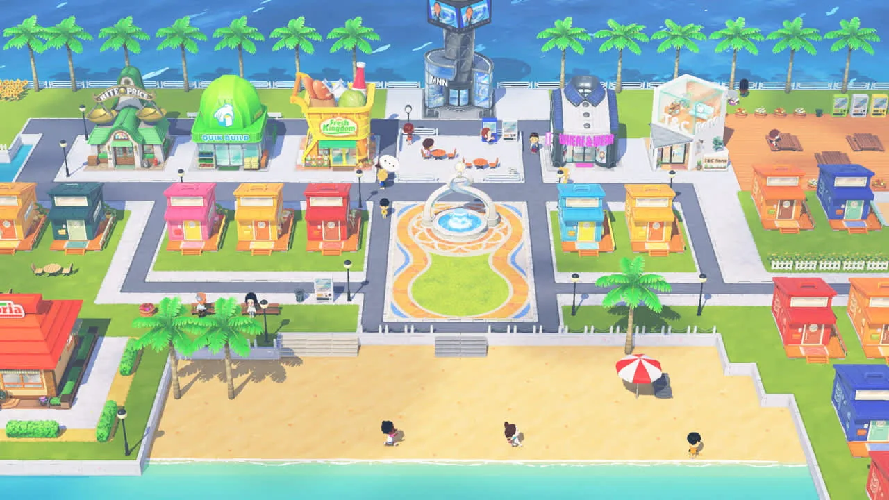 Official overhead screenshot of the Tomodachi Life island with homes, shops, fountain, beach, and news tower
