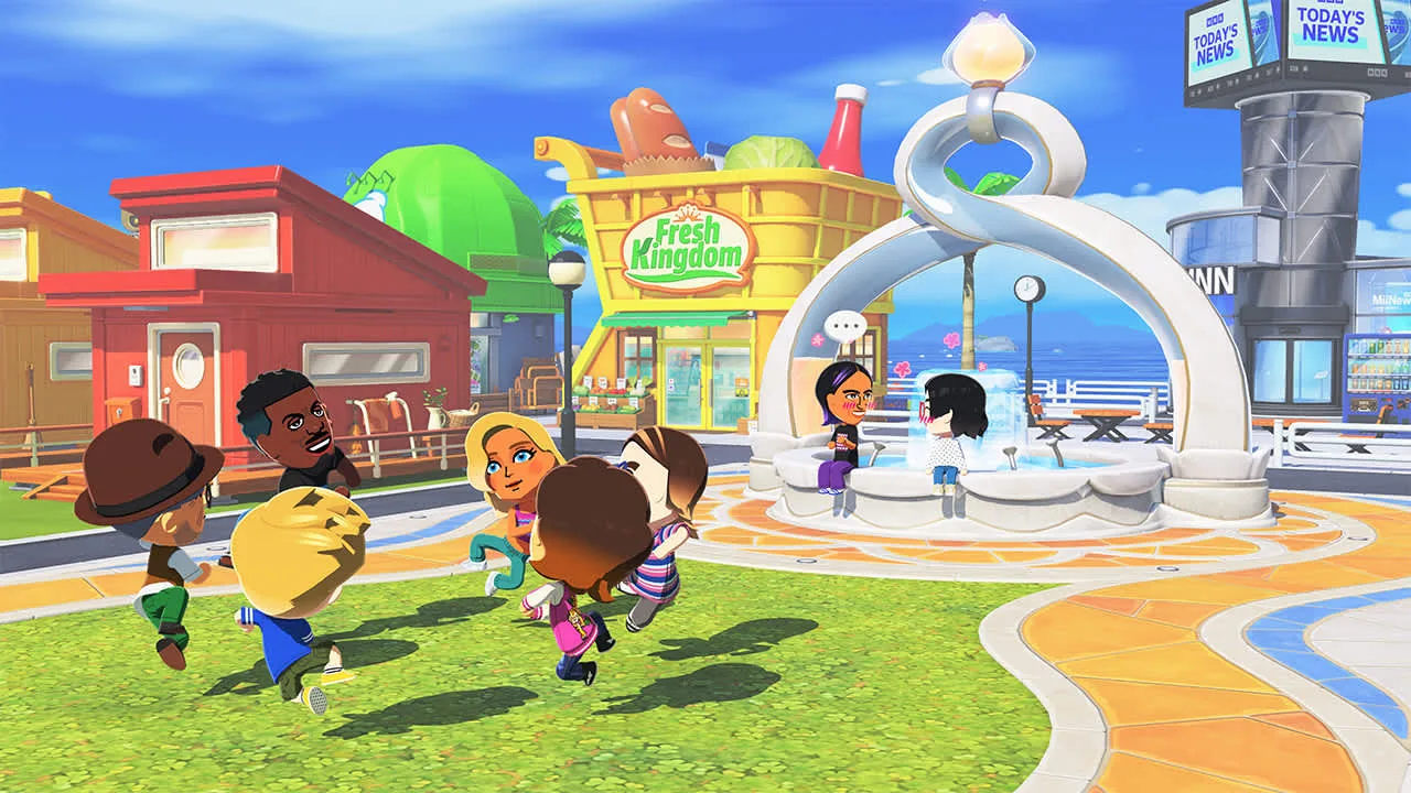 Official Tomodachi Life screenshot of Miis running through the island plaza near shops, fountain, and news tower