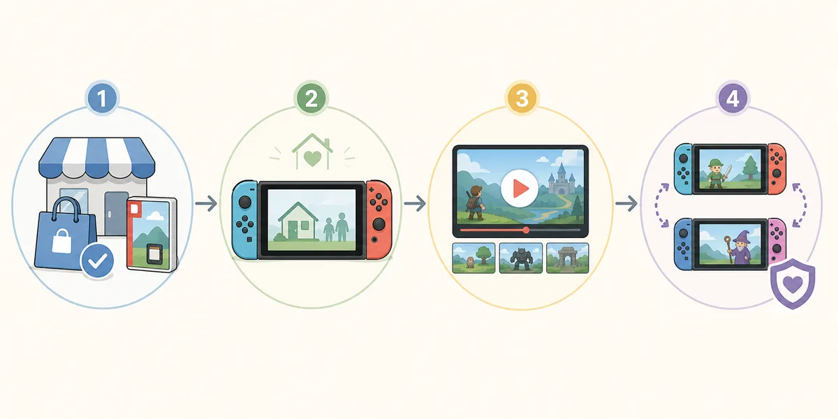 Editorial flow showing official store check, Switch-family hardware, trailer preview, and safe local play review before buying