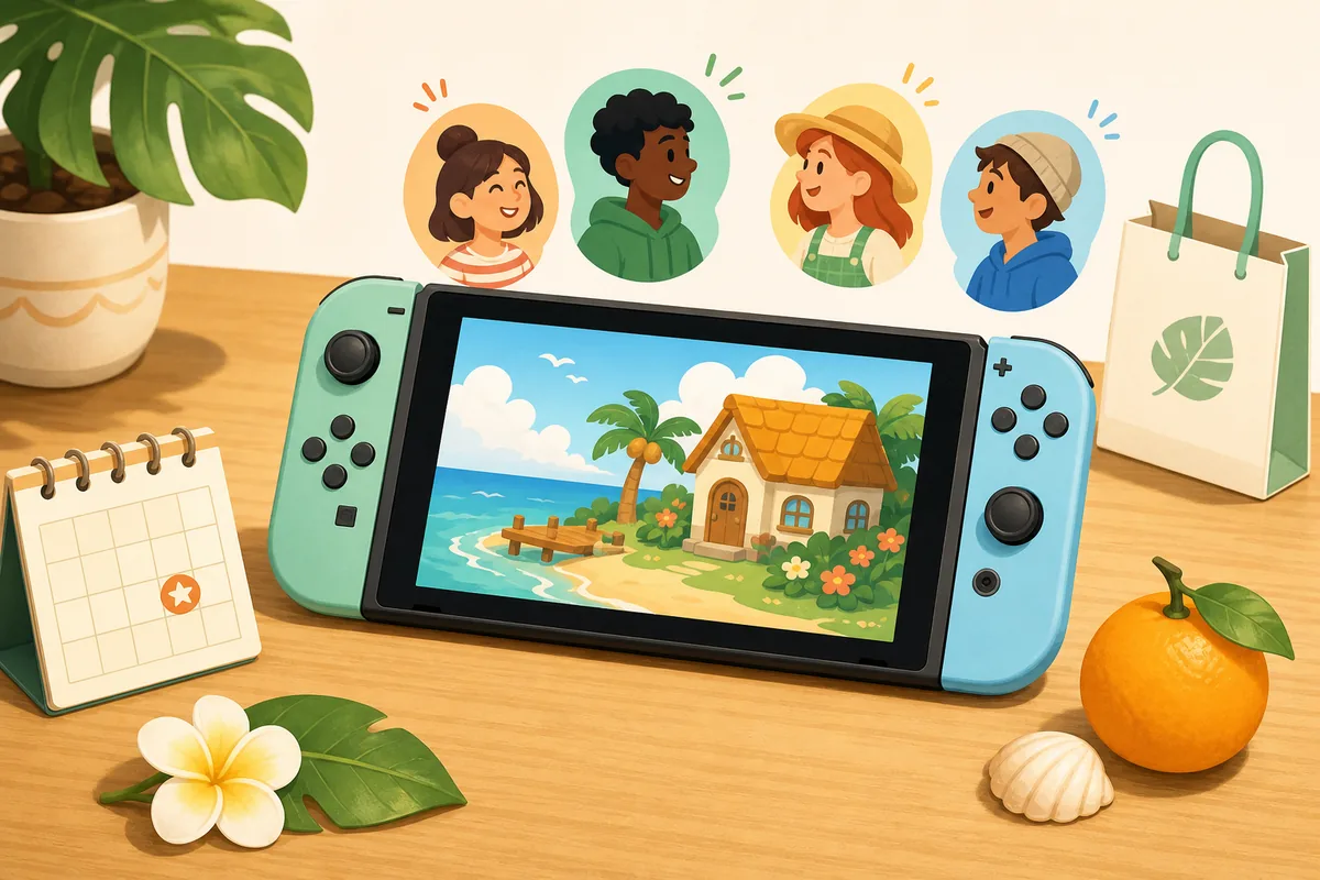Editorial illustration of a Switch-era Tomodachi Life release check with island, calendar, and store symbols