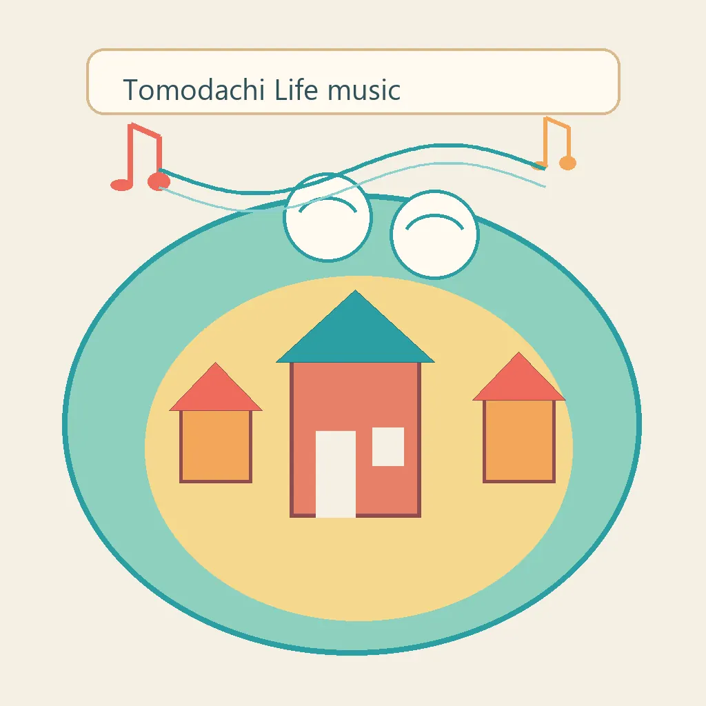 Editorial illustration of an island plaza sending musical notes from homes and public spaces