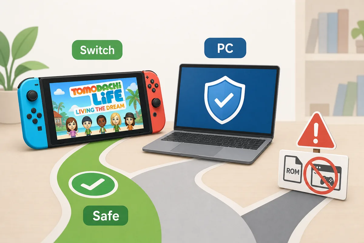 Editorial illustration comparing official Switch play, PC questions, and unsafe ROM download warnings