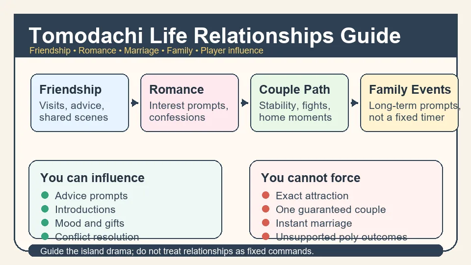 Infographic showing Tomodachi Life relationship states, player influence, and limits