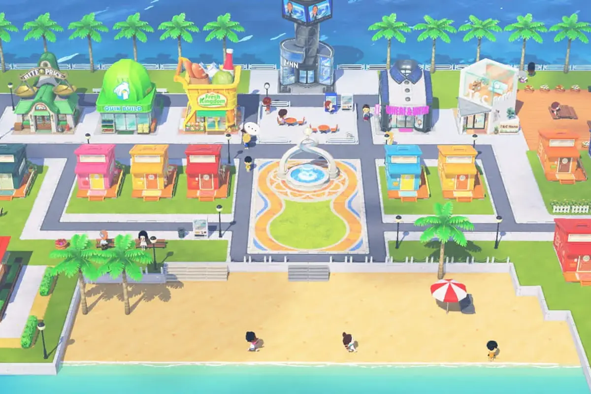 Official Tomodachi Life Living the Dream island showing shops, homes, and the news tower