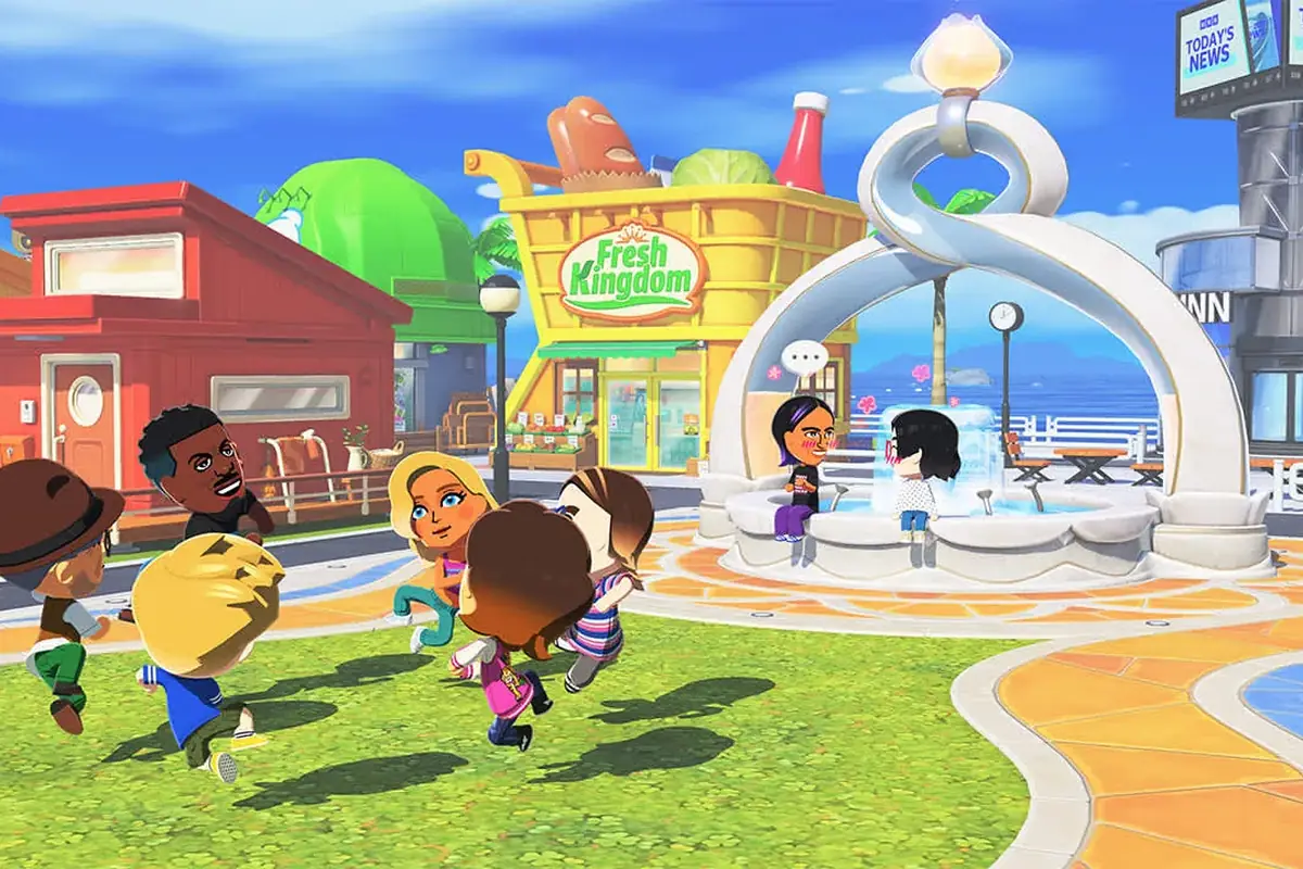Official Tomodachi Life Living the Dream plaza screenshot with Miis near shops and the news station